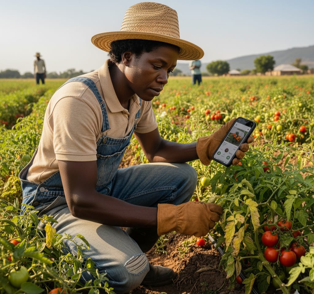 A farmer checking tomato plants for disease using the AgriDoctor.AI app