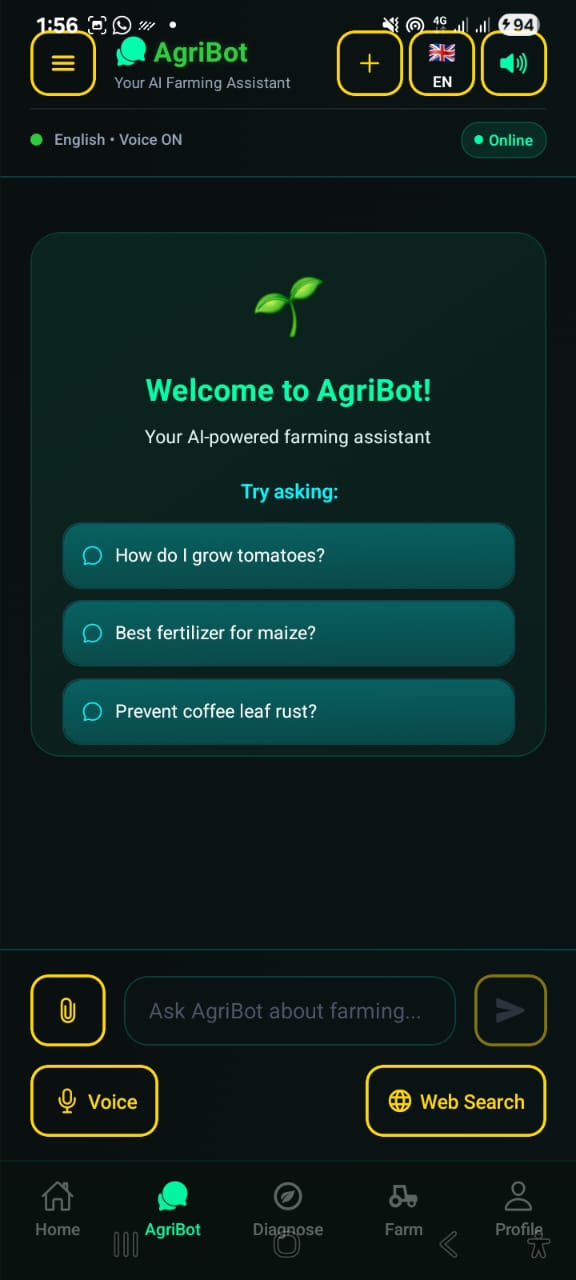 The AgriBot — Your AI Farming Assistant screen in the AgriDoctor.AI app