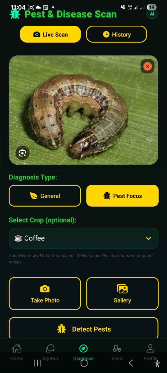 The AI Crop Disease Detection screen in the AgriDoctor.AI app