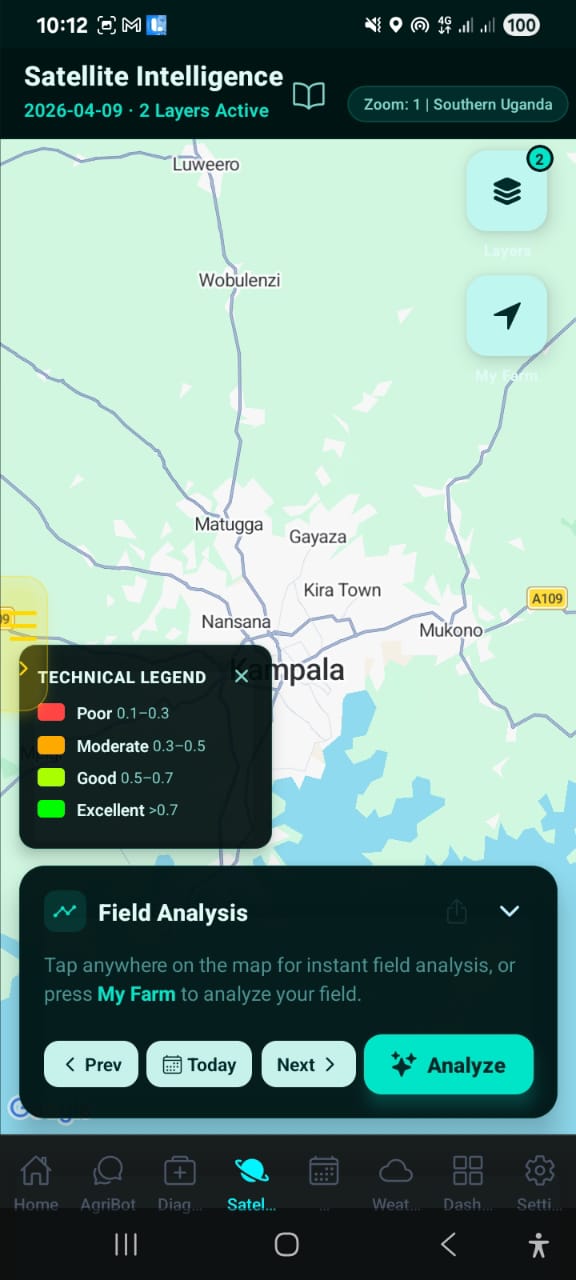 The Satellite Field Monitoring screen in the AgriDoctor.AI app